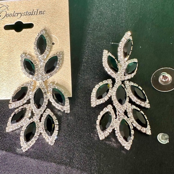 Black Marquise Crystal Chandelier Earrings | Silver Tone Statement Bridal - Picture 5 of 9